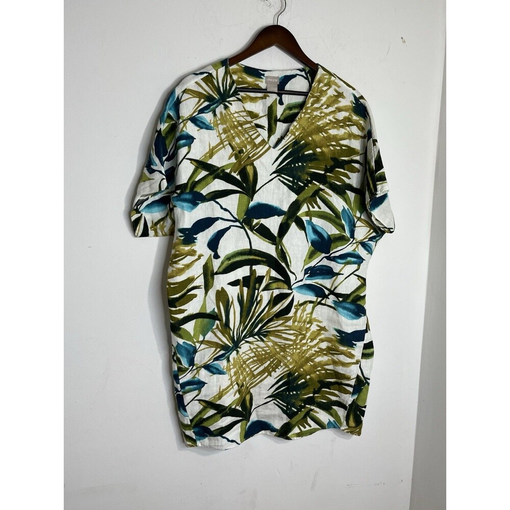 Chicos Botanical Tropical Leaf Hawaiian 100% LINEN Tunic Top Blouse  2 L (13)